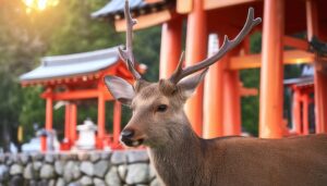 朱塗りの社殿と鹿