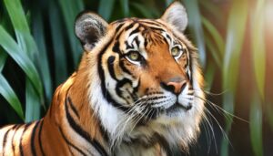 緑の中を見つめるトラ