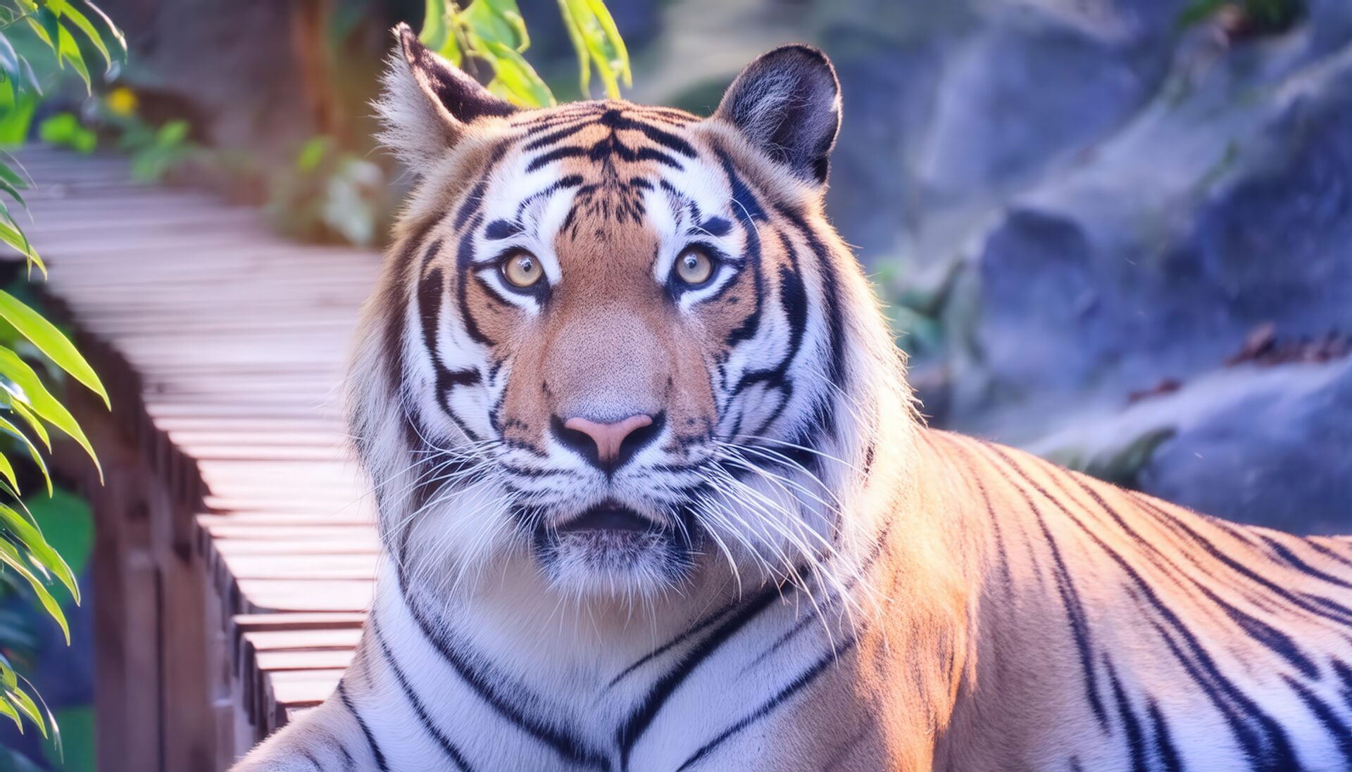 橋のそばでくつろぐトラ