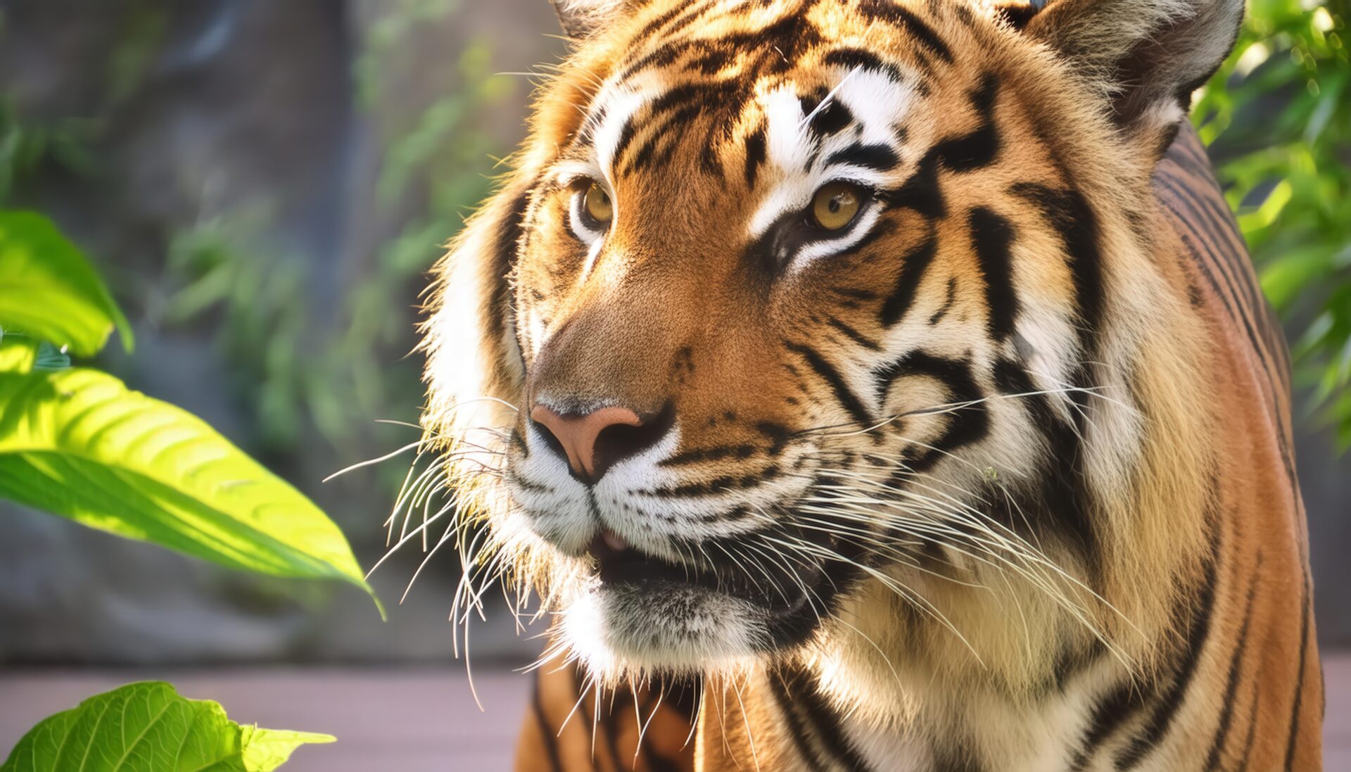 トラの横顔と緑の葉