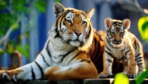 葉の下でくつろぐトラ