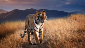 夕暮れの草原を歩くトラ