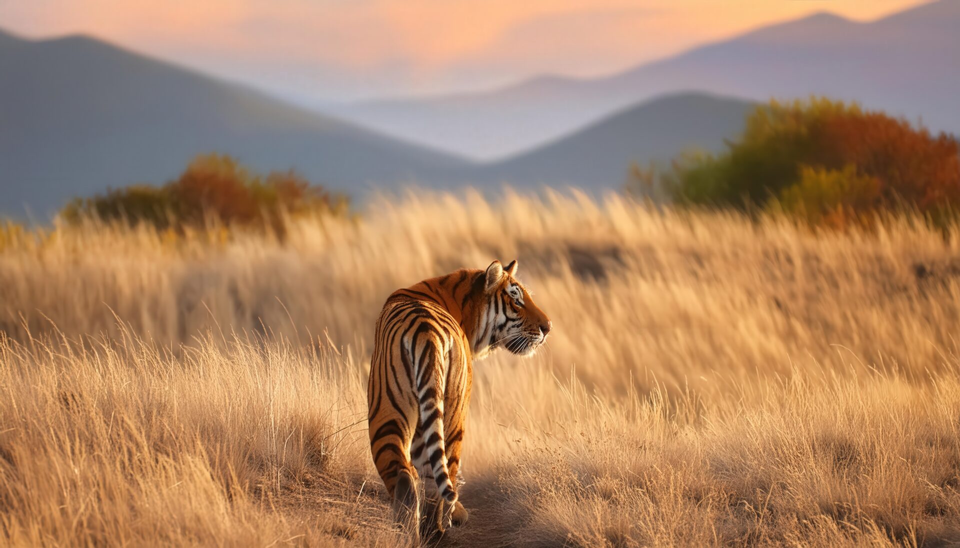 サバンナを歩く虎の後ろ姿