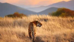 サバンナを歩く虎の後ろ姿