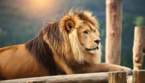 夕陽に照らされるライオン