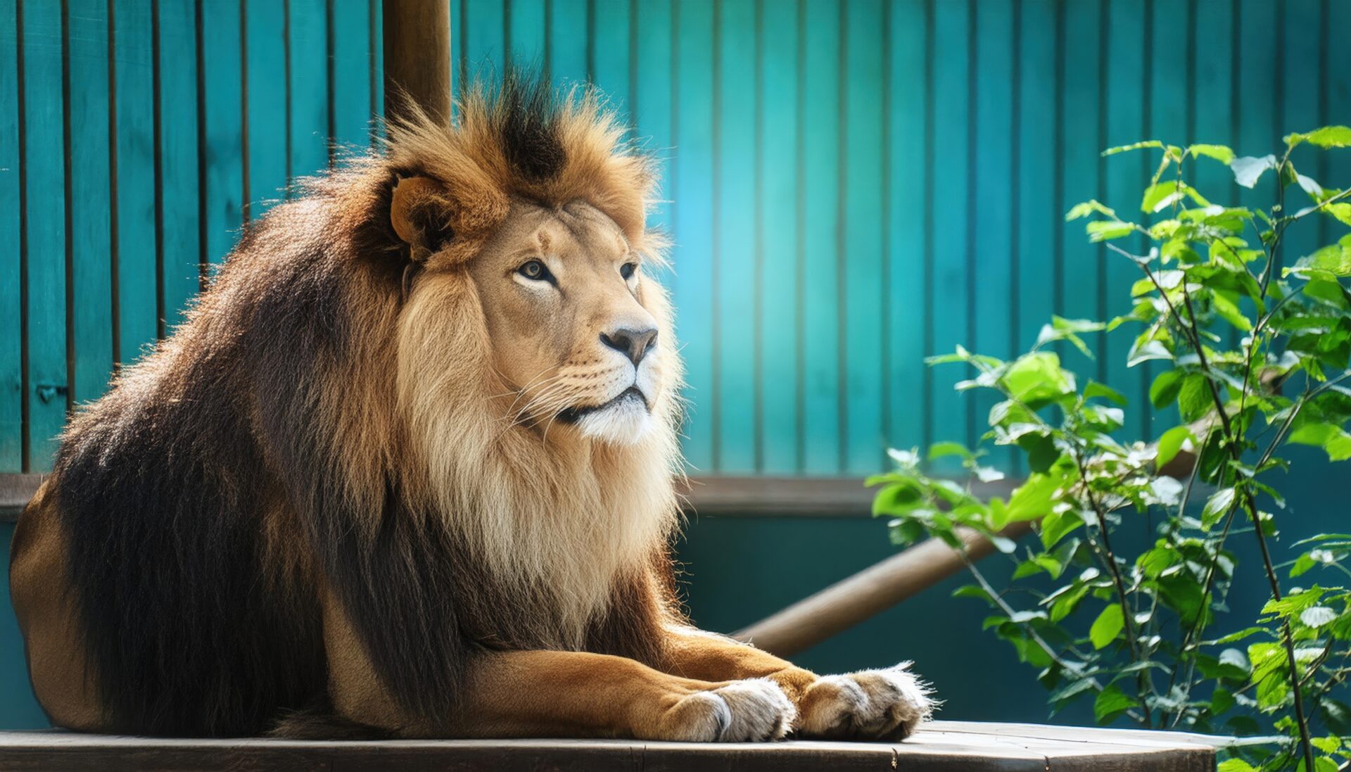 柵の前でたたずむライオン