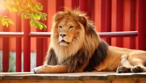 赤い背景とライオン