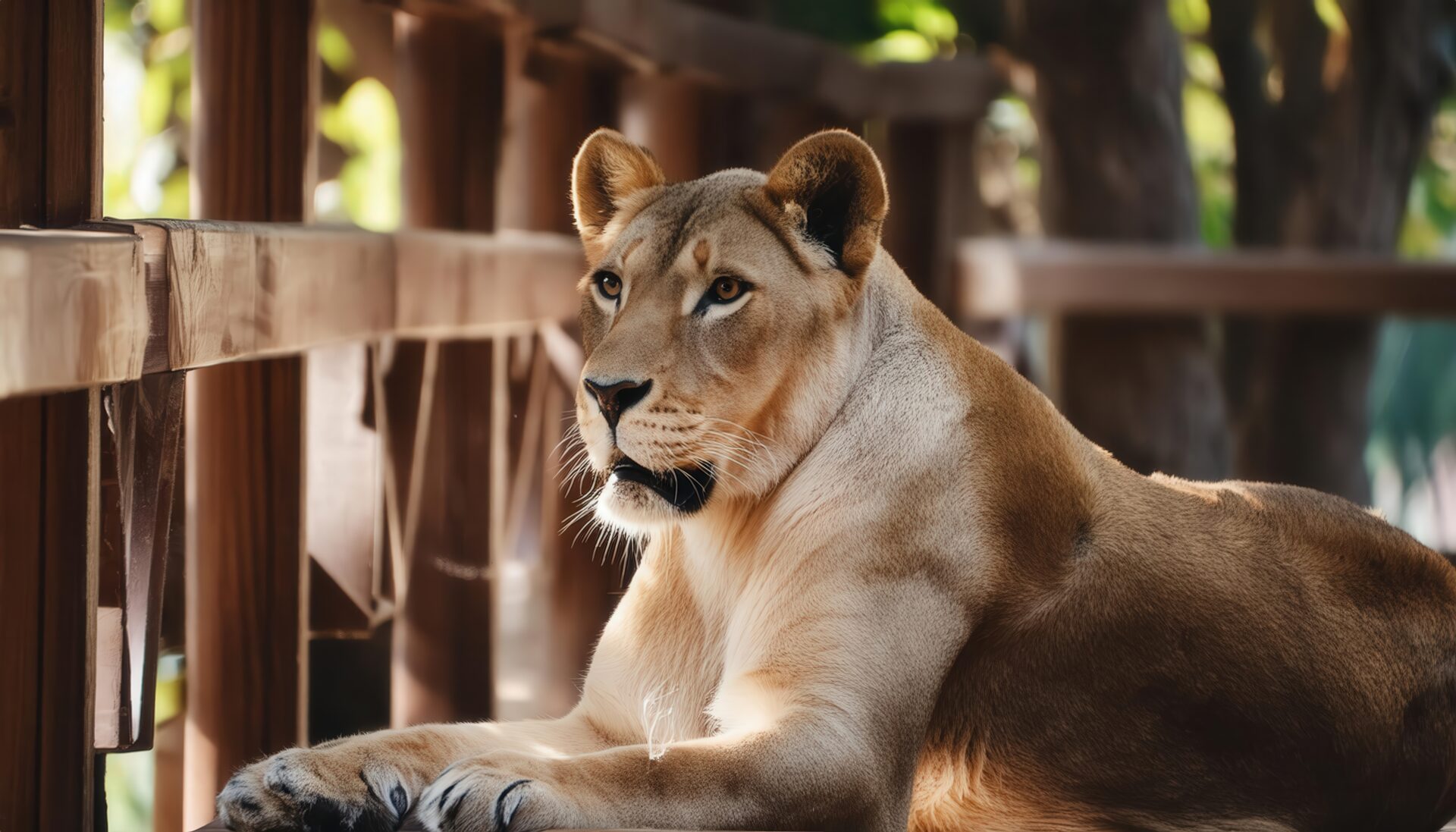 柵のそばでくつろぐライオンメス