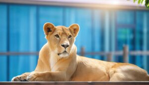 青い背景とライオンメス