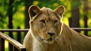 緑の背景にたたずむライオンメス