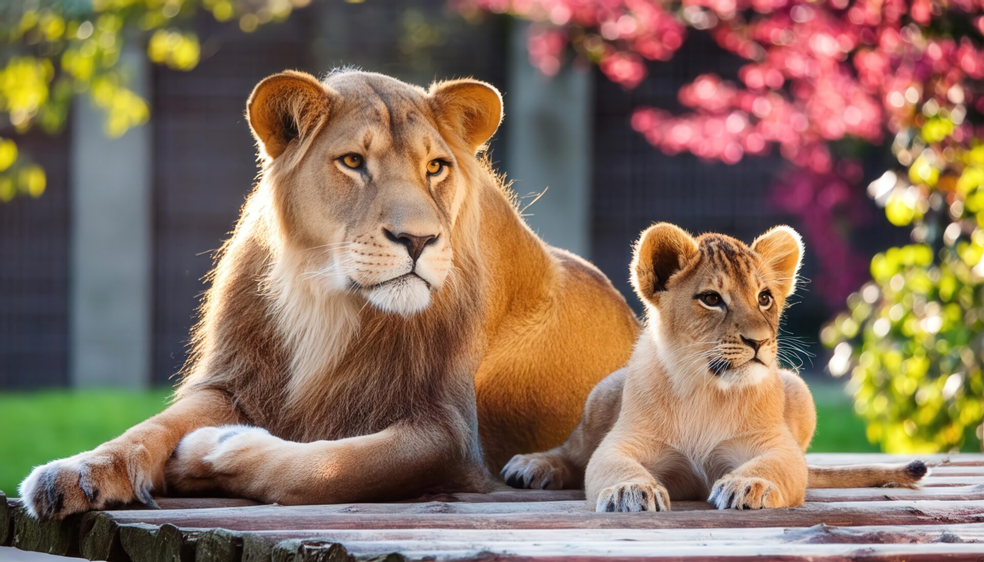 春の陽気の中のライオン親子