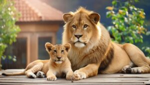 木のデッキでくつろぐライオン親子