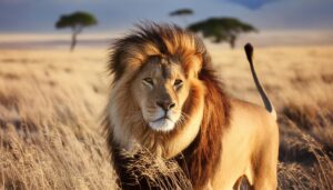 サバンナを歩く雄ライオン