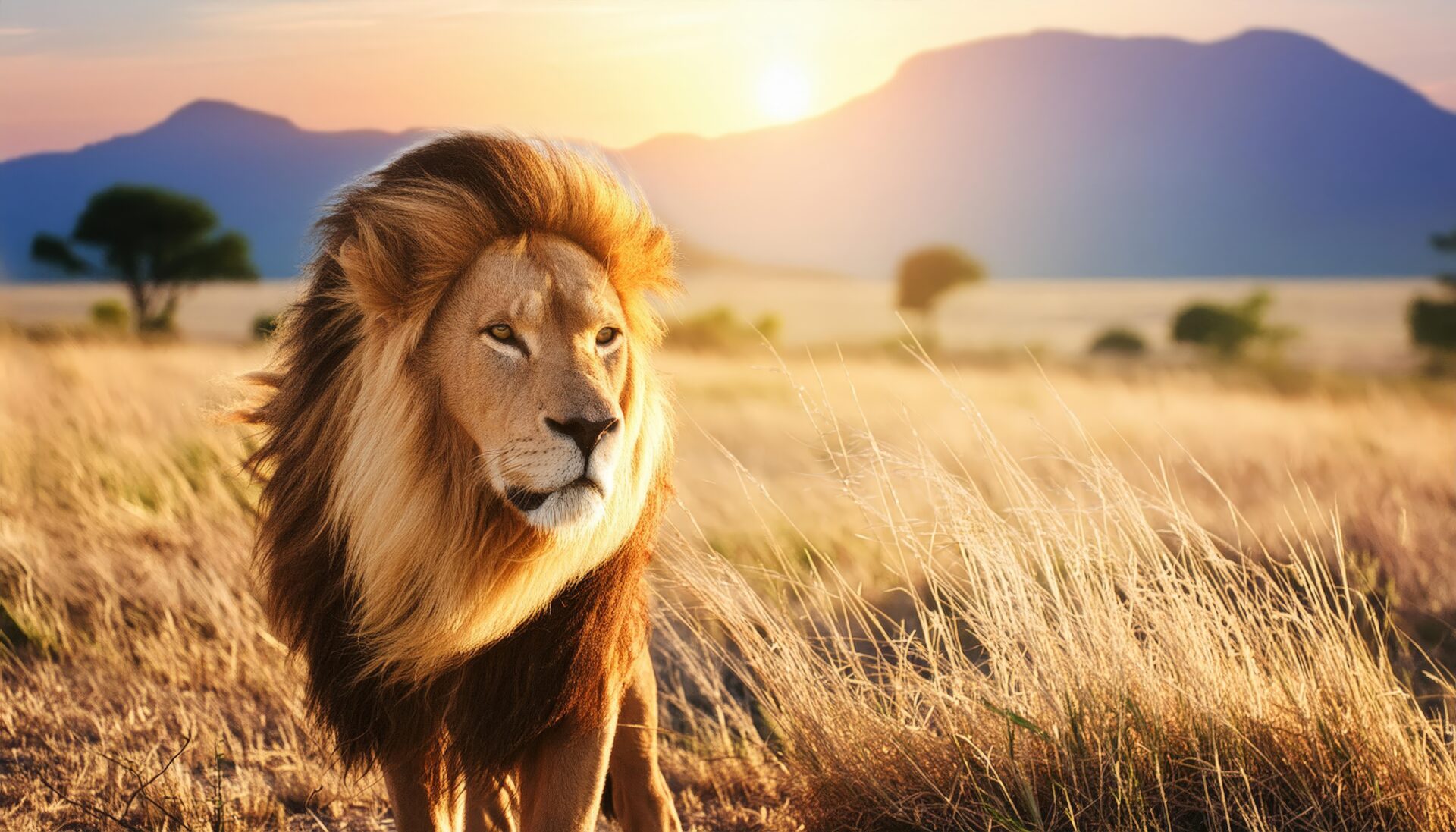 夕陽に染まるライオン