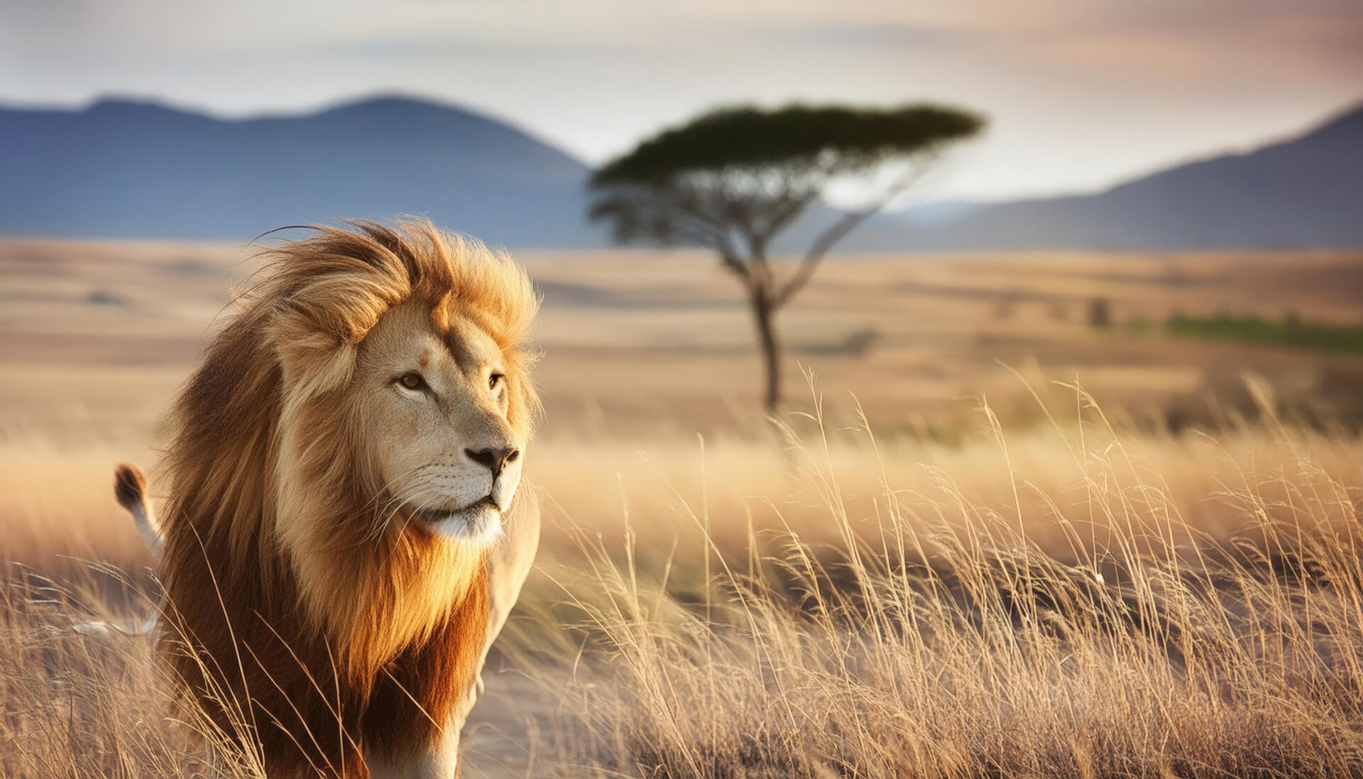 サバンナを見つめるライオン