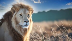 朝日に照らされるライオン