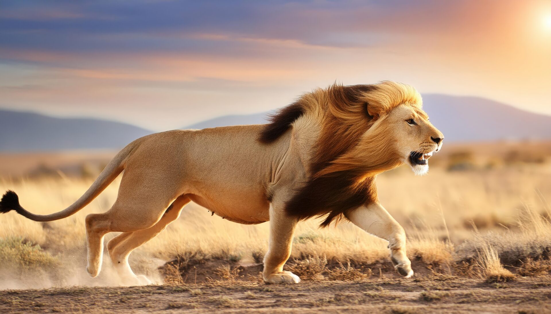 朝日に駆けるライオン