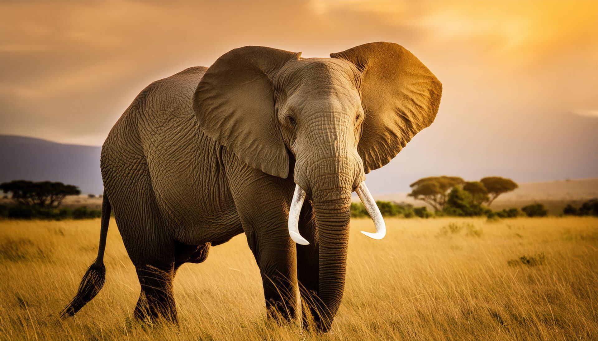 夕日に照らされるゾウ