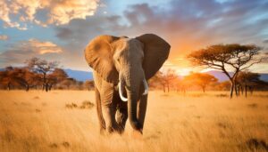 正面から見るゾウと夕日