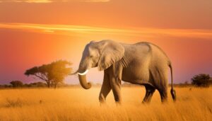 夕焼け空を背景に歩くゾウ