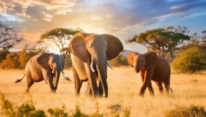 草原を歩く3頭のゾウ