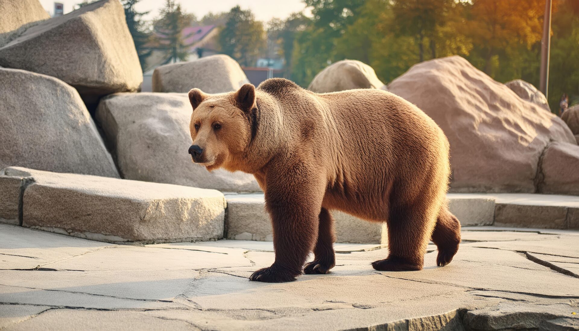 歩くクマと岩場の背景