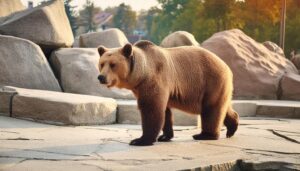 歩くクマと岩場の背景