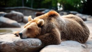 頭を岩に乗せて眠るクマ