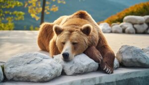 岩に顔を乗せて眠るクマ