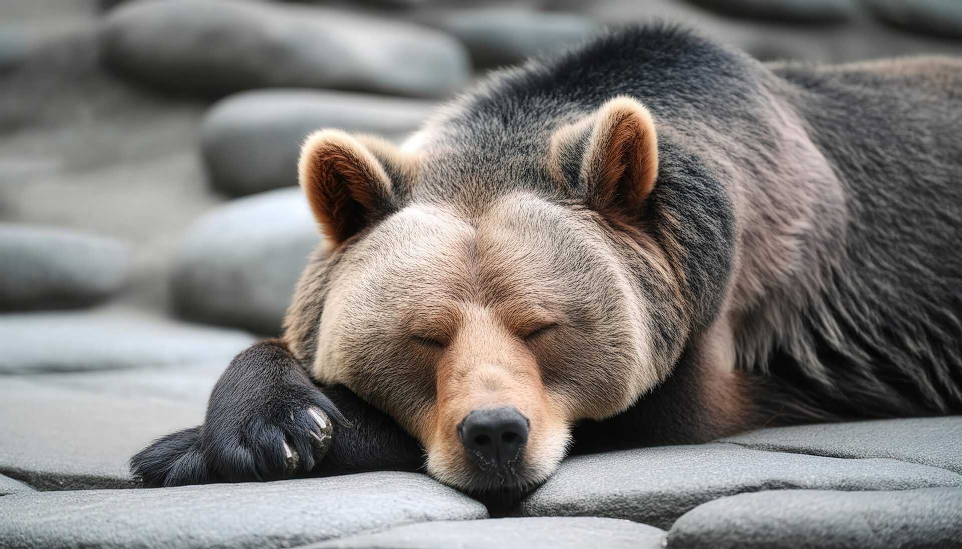 岩の上で眠る黒いクマ