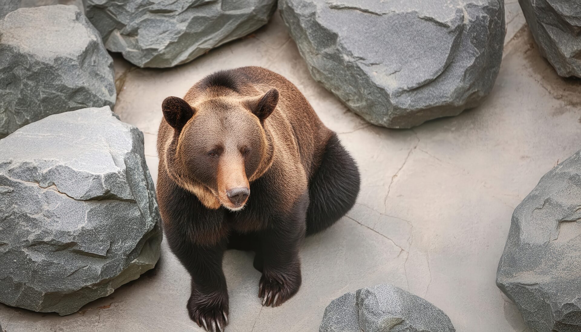 岩に囲まれて座るクマ