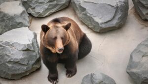 岩に囲まれて座るクマ