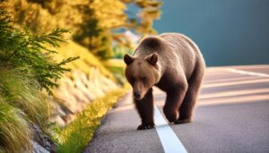 木道に立つ子グマ