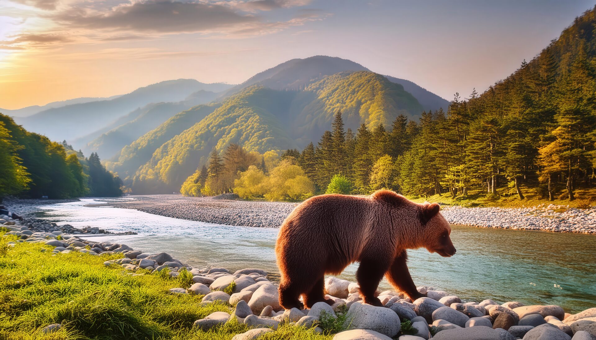 川辺を歩くヒグマと山の風景