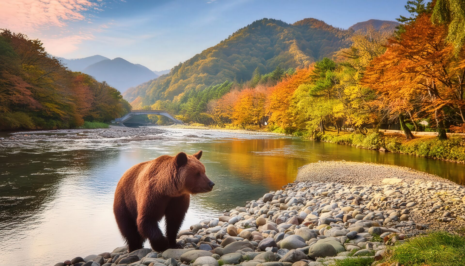 秋の川辺とヒグマ