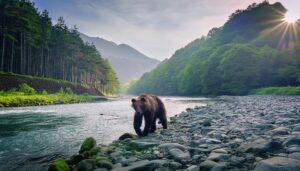 渓流沿いを歩くヒグマ