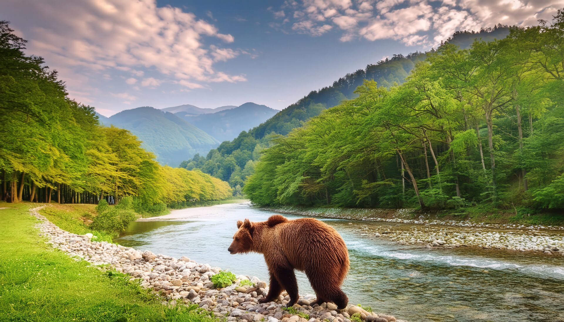 緑豊かな川辺とヒグマ