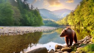 朝日に照らされた川辺のヒグマ