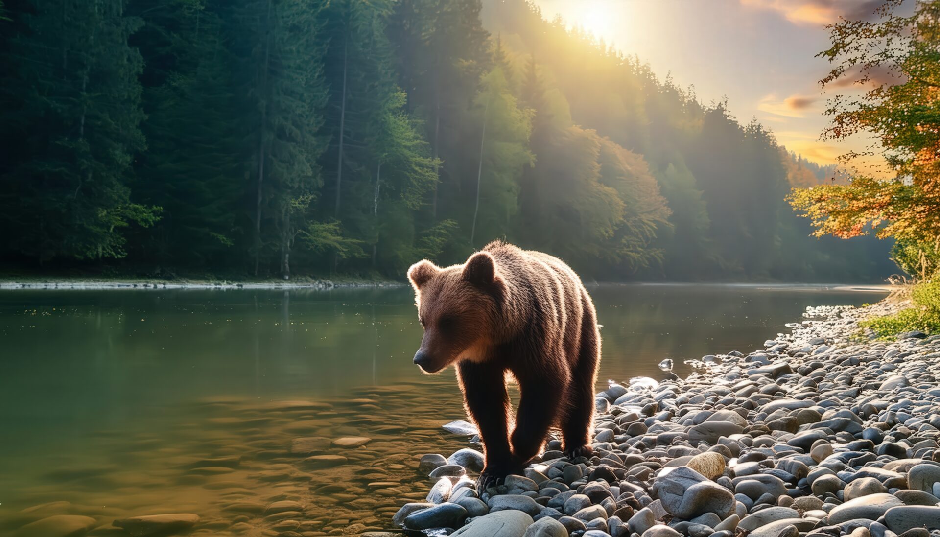 光の中を歩くヒグマ