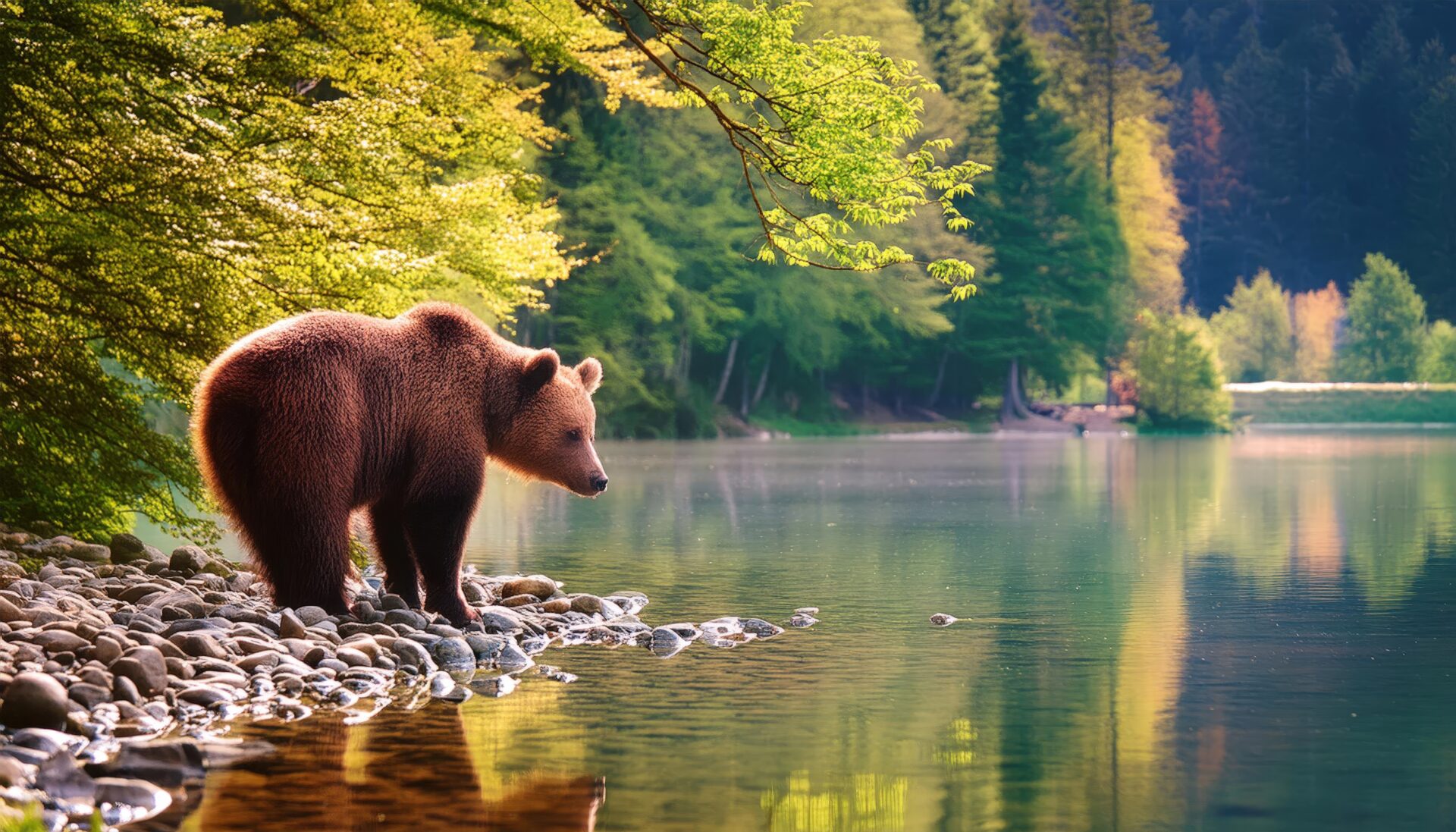 水辺を見つめるヒグマ