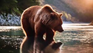 水に立つヒグマと夕暮れ