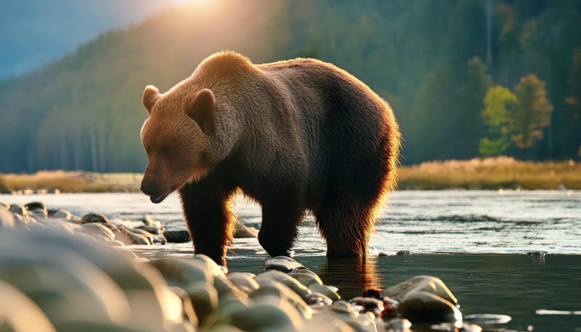 水辺のヒグマと山の景色