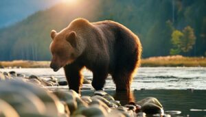 水辺のヒグマと山の景色