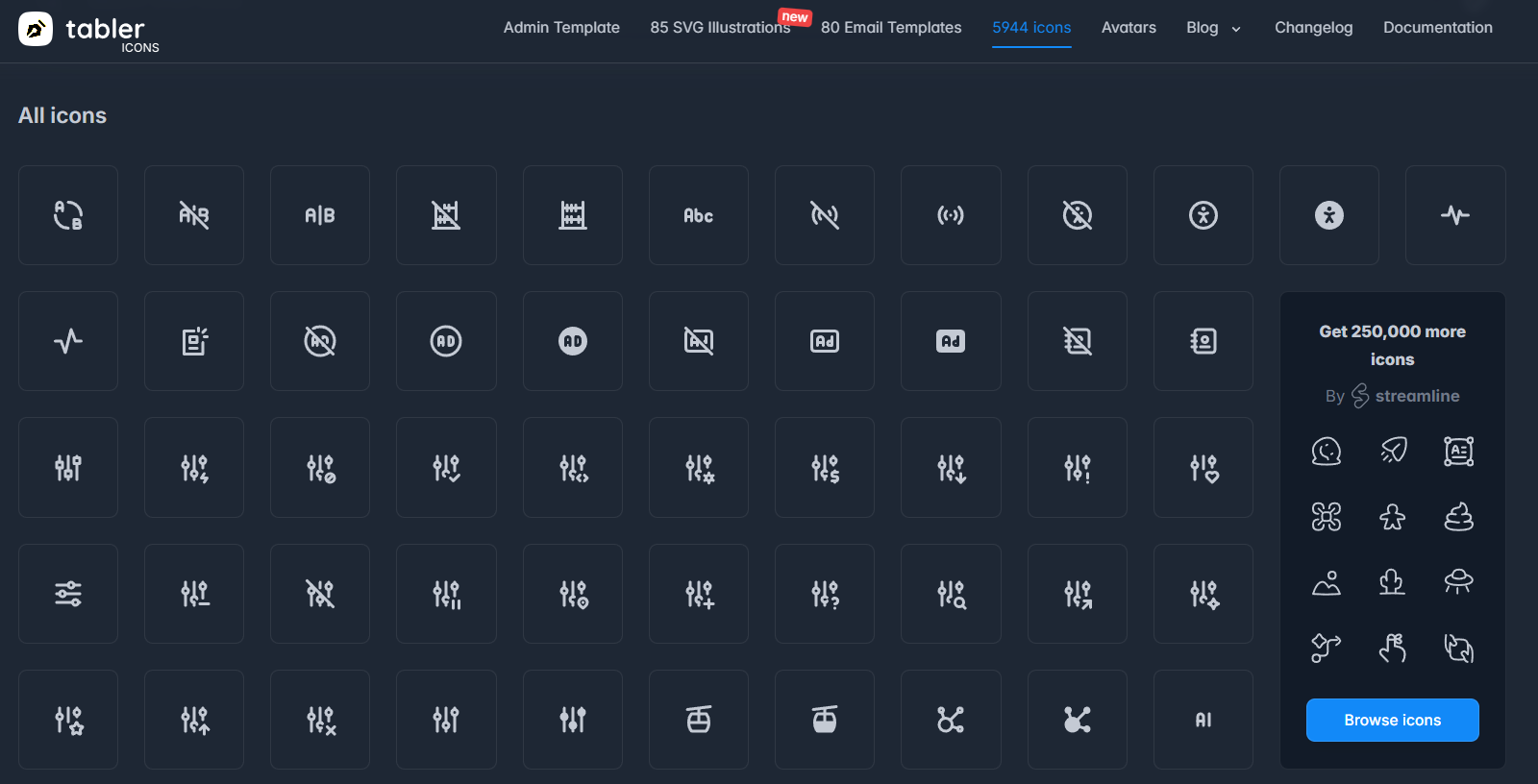 Tabler-Iconsのトップページのスクリーンショット