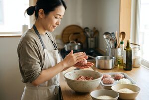 ハンバーグのたねを成形する女性