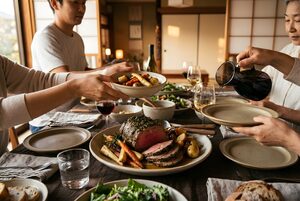 ローストビーフが並ぶパーティーの食卓