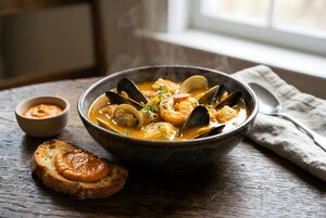 バゲットを添えた魚介のスープ