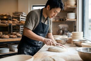 パン生地に切り込みを入れるパン職人
