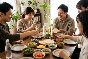 タコスを作って楽しむ友人たち