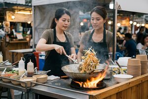ウォックでタイ麺を炒める屋台の女性